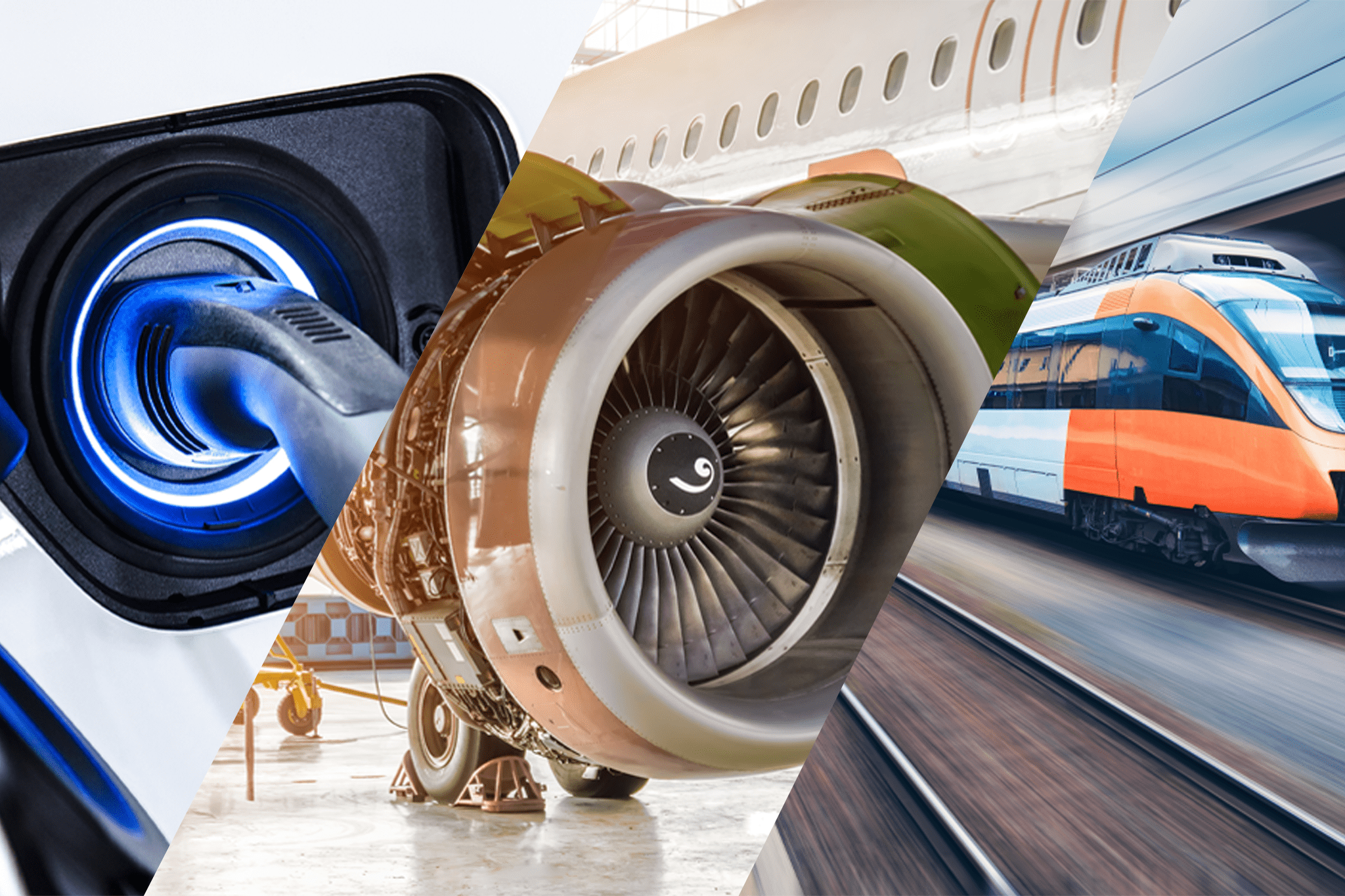 Electric vehicle charger, jet engine, and high-speed train representing Made in the UK innovation across automotive, aerospace, and rail sectors.